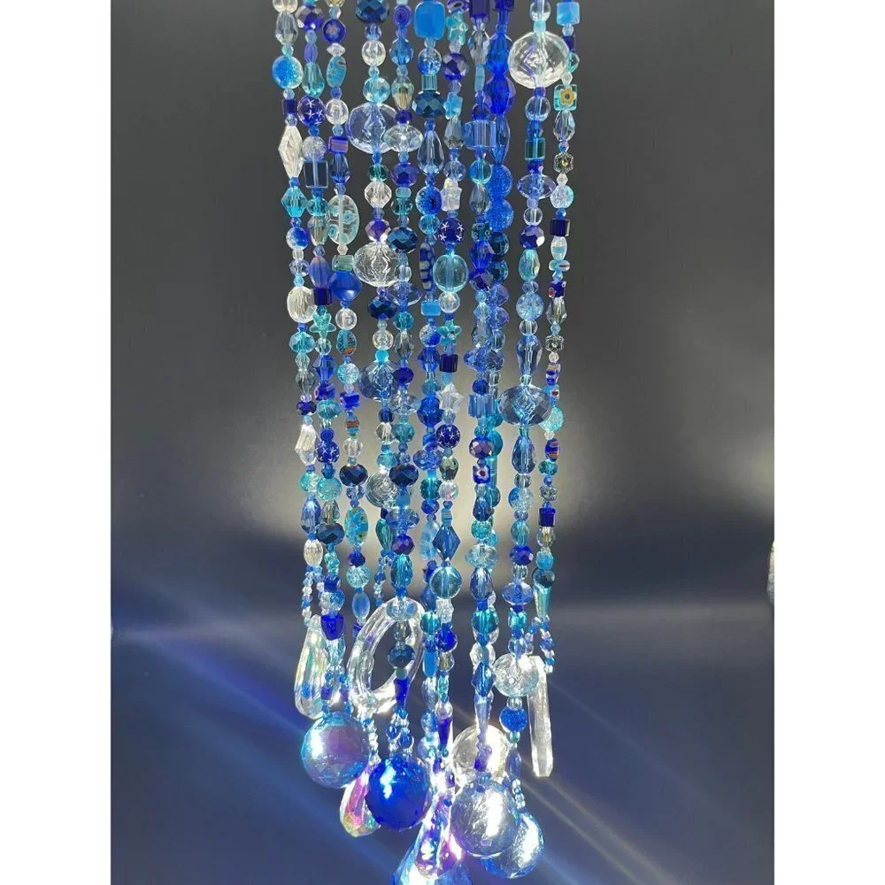 Blue Beaded Suncatcher - Clear Crystal Prism - Indoor Outdoor Hanging Decor
